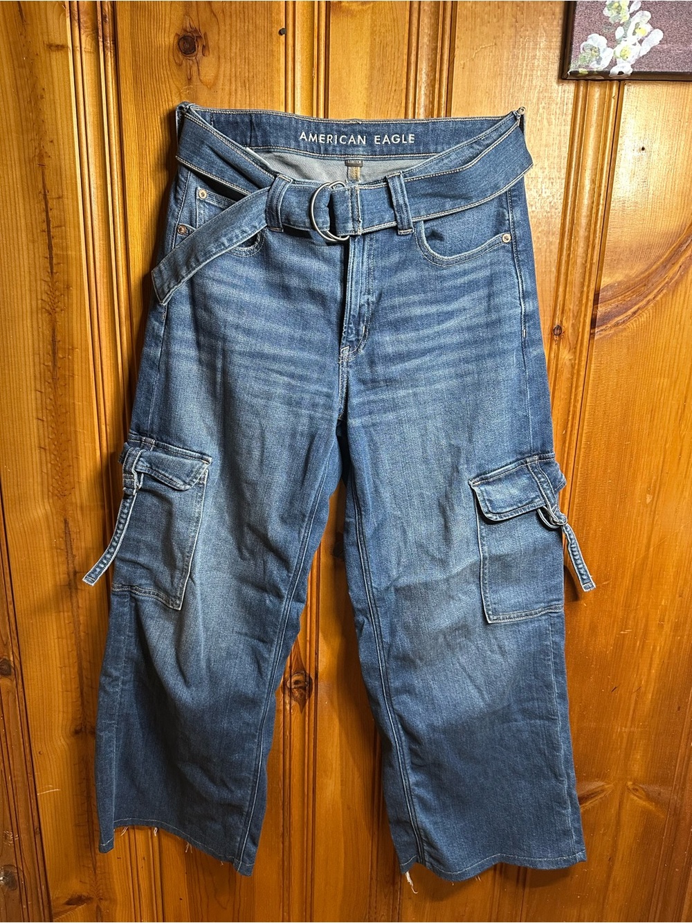 American Eagle Outfitters Blue Cargo Wide-Leg Jeans with Belt